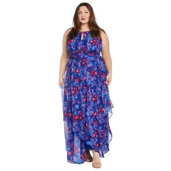 R & M Richards Women's Plus Size Floral-Print Ruffled Maxi Dress Royal Blue 22W - Picture 3 of 12